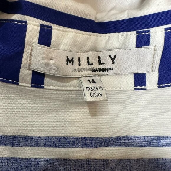 Milly Dress White Navy Stripes Size 14 Sleeveless Belt Button Front Pockets - Picture 5 of 10